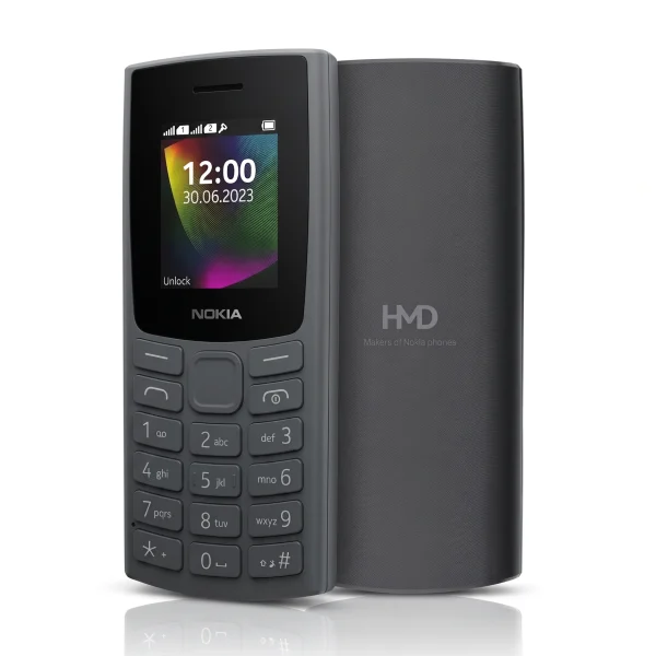 NOKIA 106 (2023) charcoal feature phone front and back view